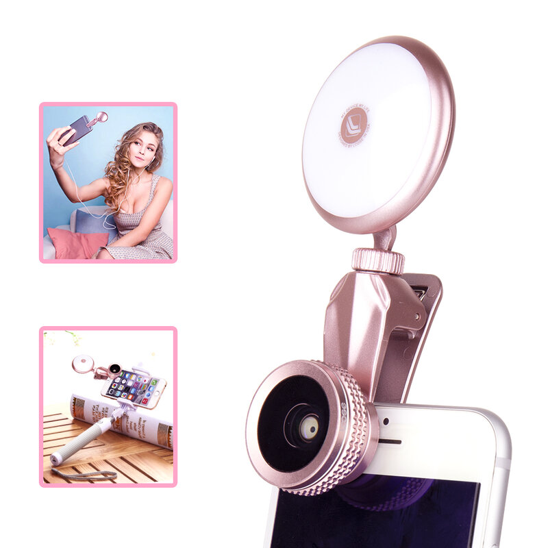Yizhestudio Selfie Licht mit Hd Fisheye Weitwinkel Makro Objektiv Lampe Selfie Ring Licht für iPhone X/8/ 7 Plus Smartphone Tablet