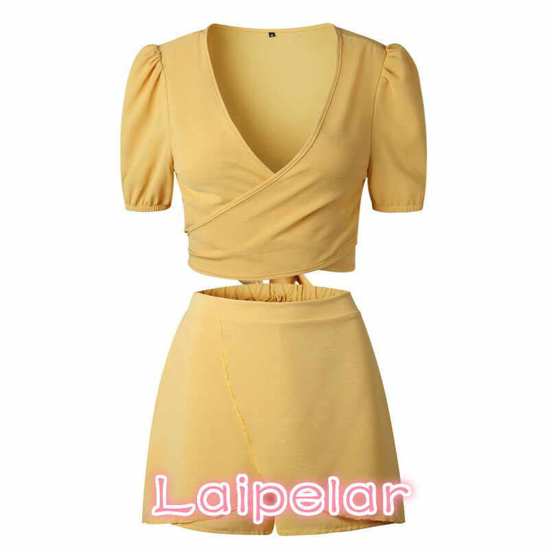 Short Sleeve V Neck Two Pieces Set Women Playsuits Sexy Casual Romper Yellow Jumpsuit Laipelar