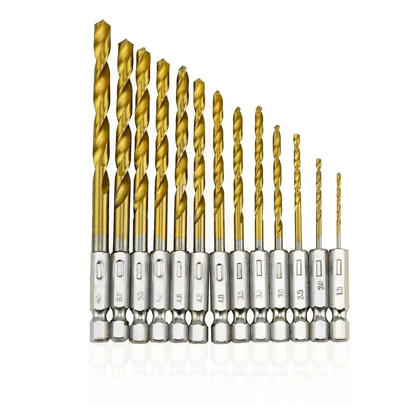13pcs Twist Drill Bit utensile elettrico in carburo di tungsteno acciaio ad alta velocità HSS Set di punte per trapano rivestite in titanio 1/4 gambo esagonale 1.5-6.5mm