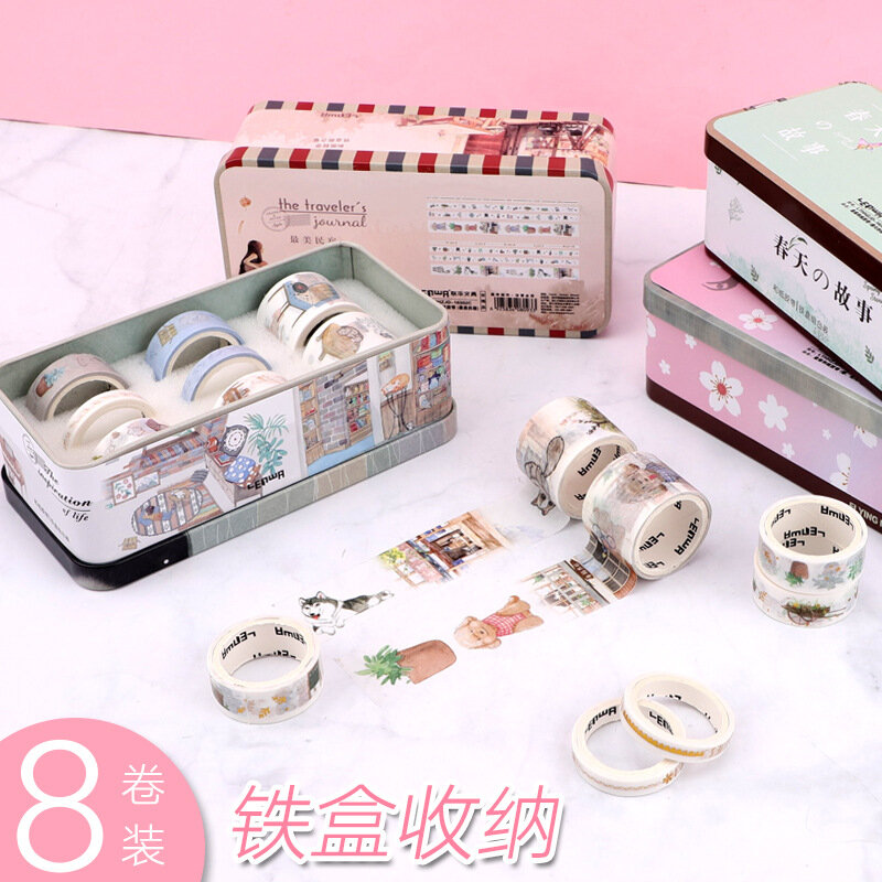 8 rollos/set Sakura Washi papel conjunto de cintas de hierro en caja pegatinas Scrapbooking frescura cinta decorativa Bullett suministros para diario