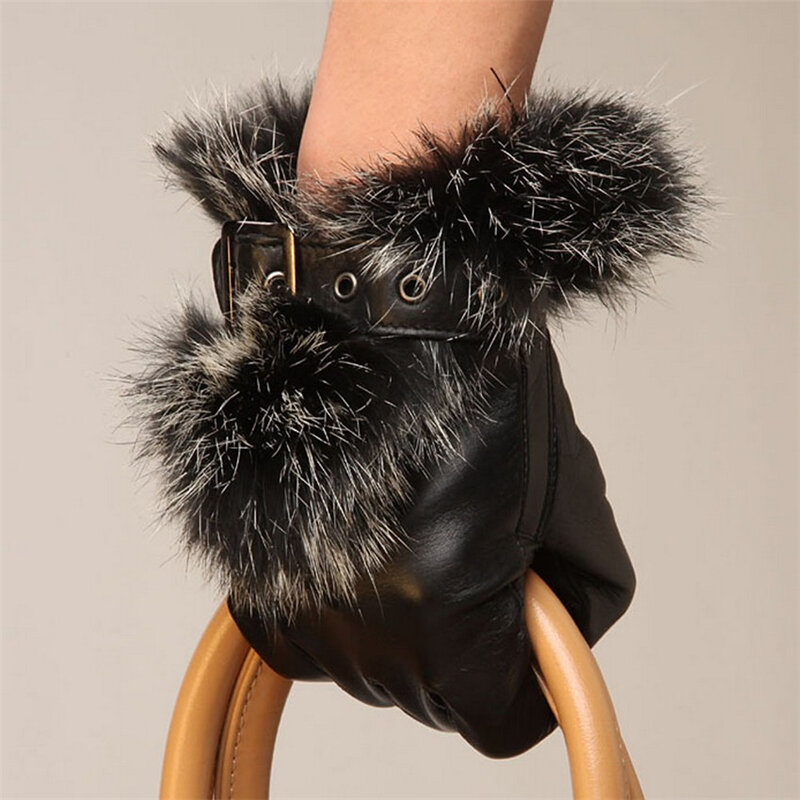 Women HOT Sale Fashion  Sheepskin Gloves Wrist Rabbit Hair Genuine Leather Five Finger Elegant Lady Driving Glove L057PN-5