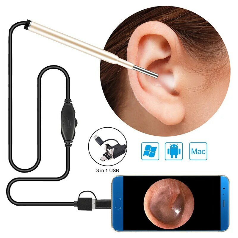 3.9MM Child Ear Otoscope 3 in 1 Ear Cleaning Endoscope Ear Scope Inspection Camera with 6 Adjustable LEDs For PC USB-C Android