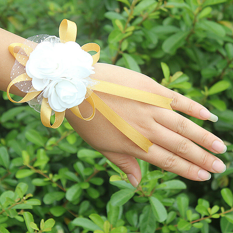 ほとんど人気のpe花コサージュ結婚式の手首バンドブートニエールカスタムメイドホワイト3ローズリボン手首の花SW003