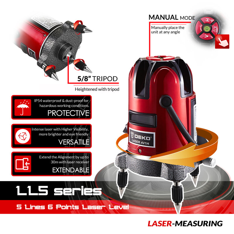 DEKO LL57/58 RED Horizontal Vertical Cross Line 360 Degrees Rotary 5 Lines 6 Points Self-leveling Laser Level High Visibility