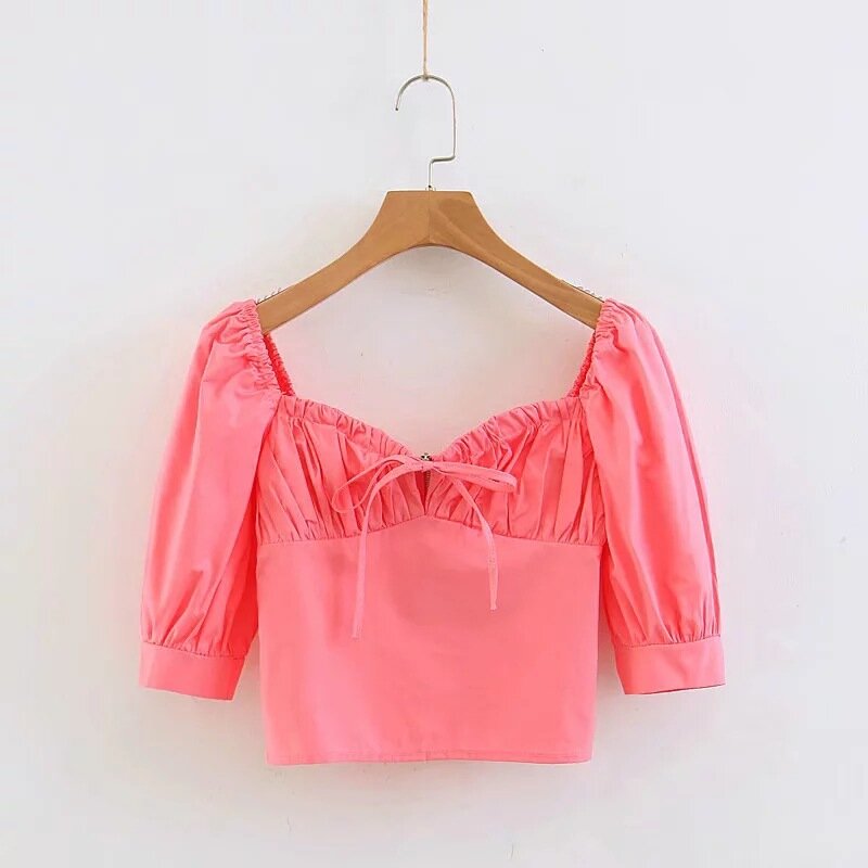 Short Puff Sleeve Top Shirt Women V Collar Spring Summer Pure Color Blouses Girl European American Casual Sweet Shirts H9187