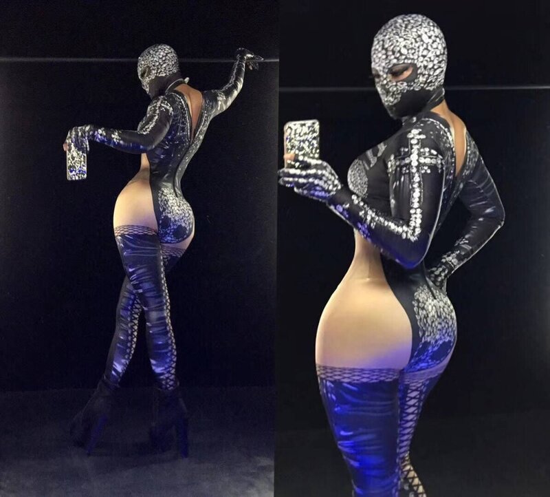 Male and female money Black Printed Stretch Jumpsuit 2 Style Bodysuit Evening Cosplay Outfit Singer Dance Leggings Halloween Nig