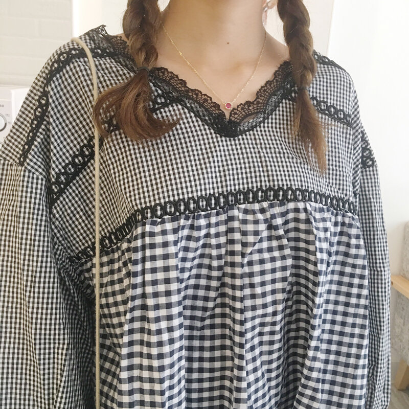 Blusas e camisas de renda gola v manga bufante, uma linha doce meninas padrão solto grande roupas femininas estilosas
