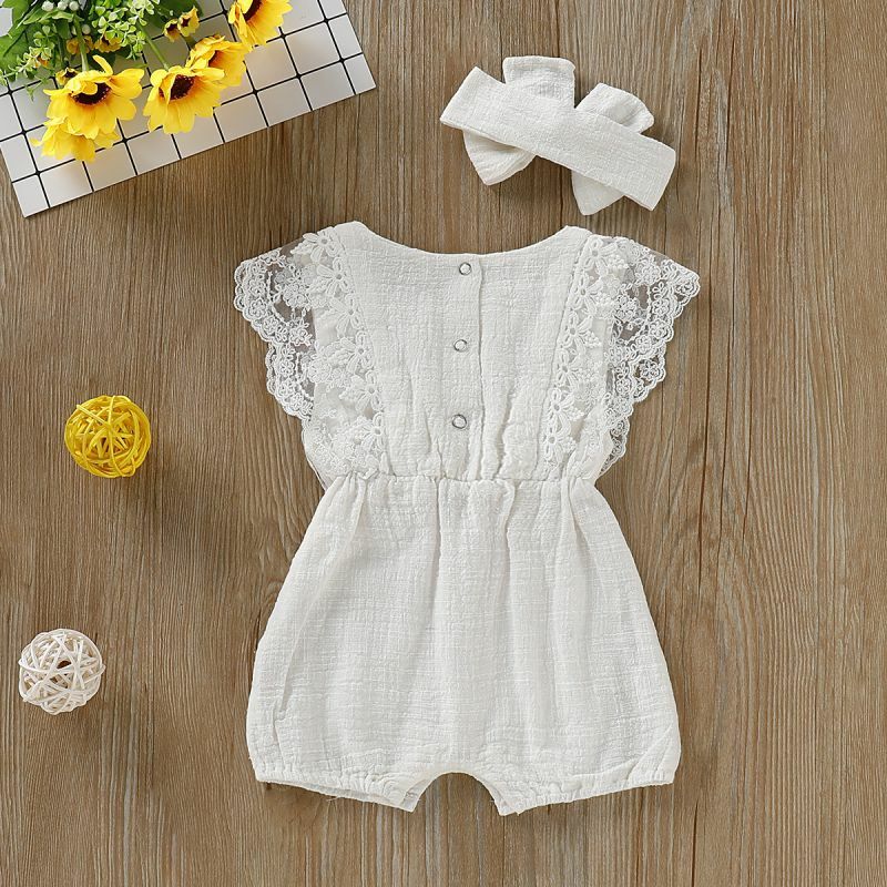 Summer Baby Girl Rompers Newborn Baby Solid Lace Design Romper Clothes Toddler Flare Sleeve Jumpsuit With Headband One-Pieces