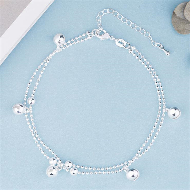 KOFSAC New Fashion 925 Sterling Silver Anklets For Women Beach Party Cute Beads Chain Bells Bracelets Foot Jewelry Girl Gifts