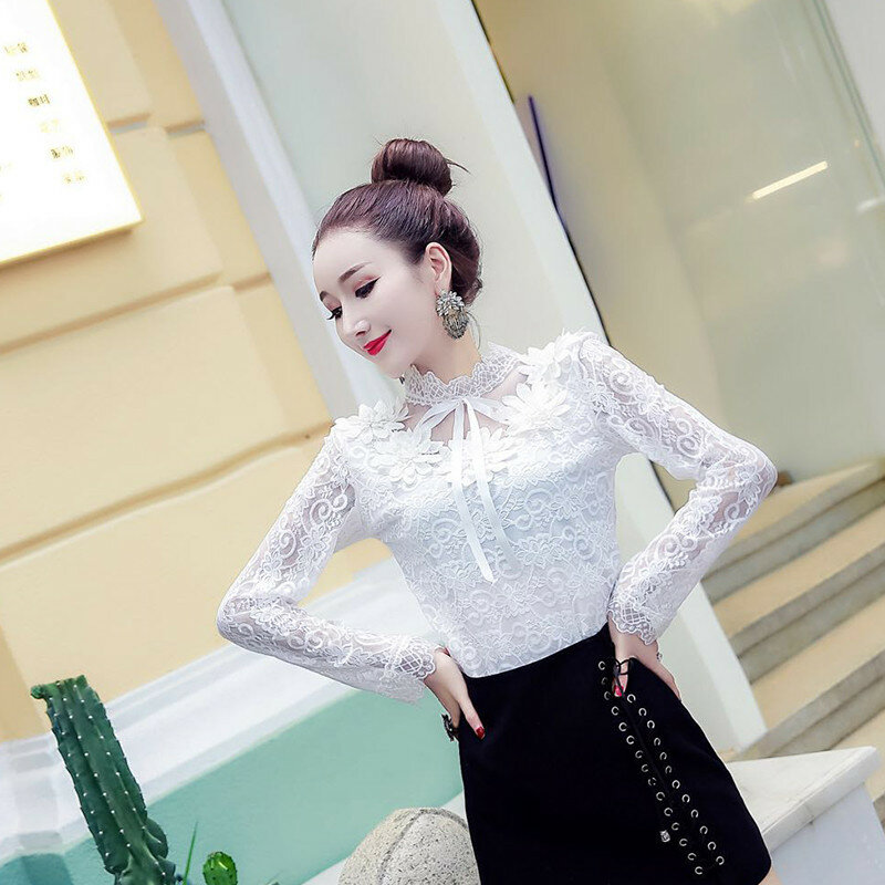 2018 Spring Autumn Women Long Sleeve Blouse Sweet Floral Hollow Lace Shirt Female Bow Mesh Blouses Short Bottoming Tops AB1138