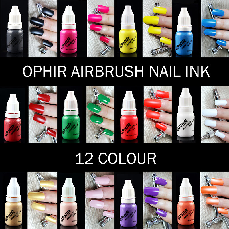 OPHIR Airbrush Nail Tinte für Nail Schablone Kunst Polieren 10 ML/Flasche Temporäre Tattoo Pigment _ TA098(1-12)
