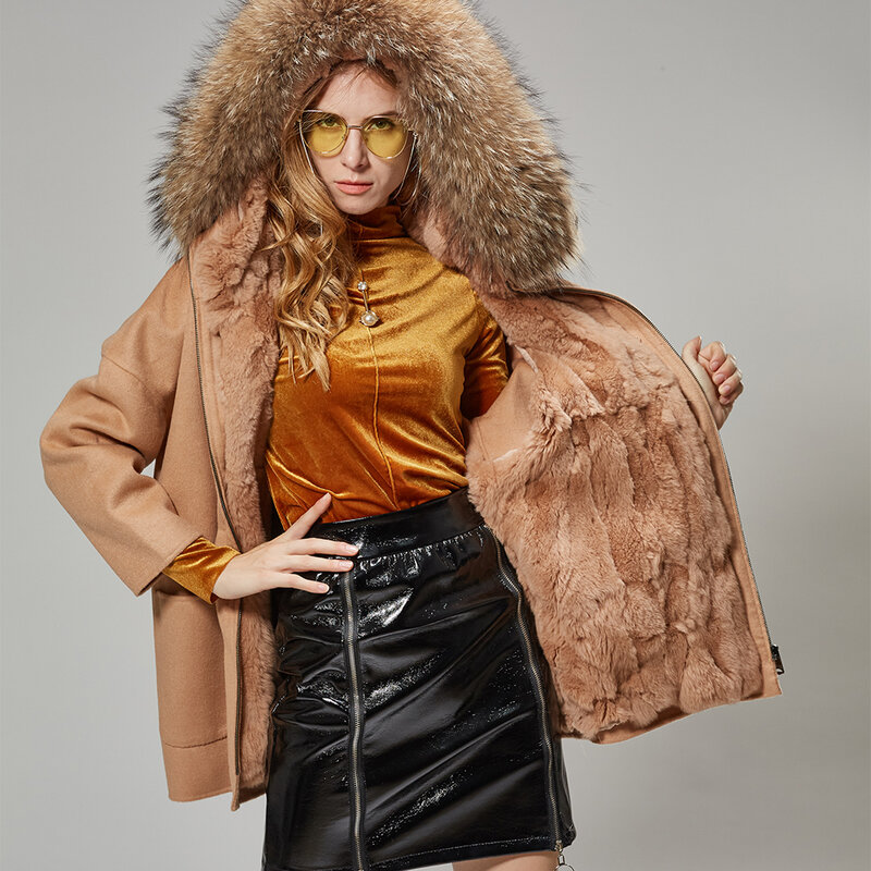 MAOMAOKONG женское двустороннее кашемировое пальто из чистой шерсти, пальто, пальто с воротником из натурального меха, с капюшоном, искусственная Шерстяная парка