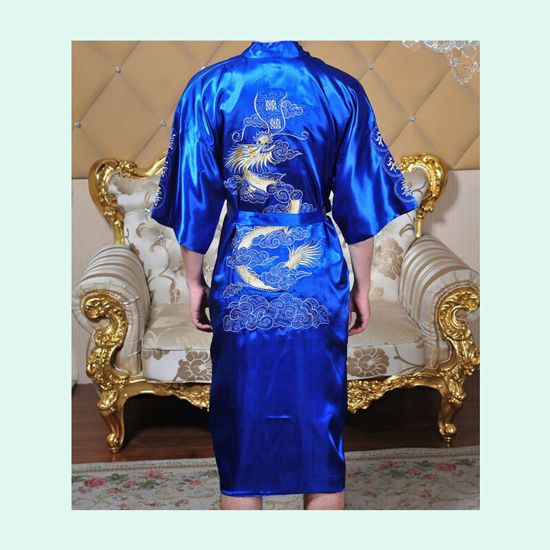 Bathrobe Men's Satin Rayon Robe - Embroidery Dragon Kimono Sleepwear - Fashion Belt Style - Big Size - Man Pyjamas