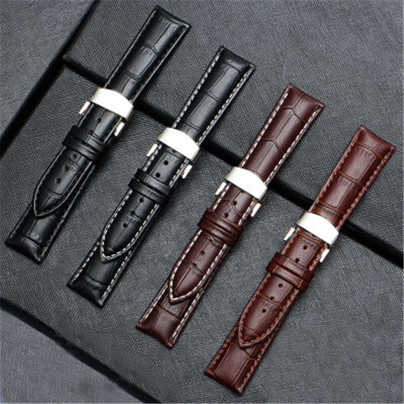 Bracelets de montre de marque en cuir de vache véritable, 18-24mm, ceinture en métal poli, boucle déployante papillon, fermoir, accessoires de montre