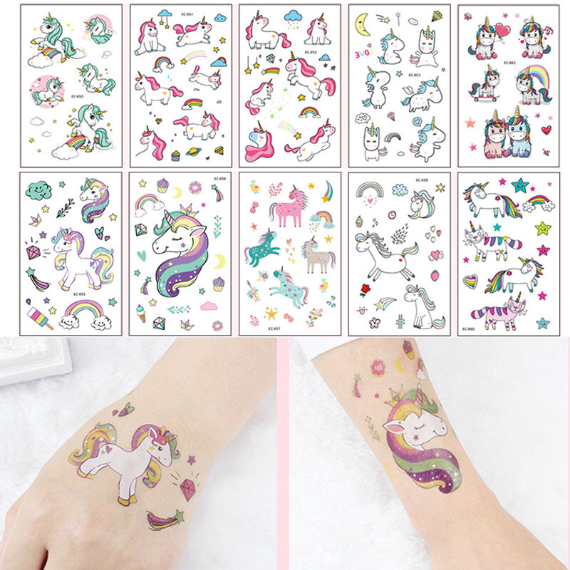 Juego de tatuajes temporales con diseño de unicornio para niños, adhesivos impermeables con dibujos de animales, para regalo, 5 hojas por juego