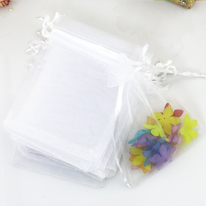Bolsa de Organza blanca para embalaje de joyería, Mini anillos de regalo con cordón de 5x7cm, venta al por mayor, 100 unids/lote