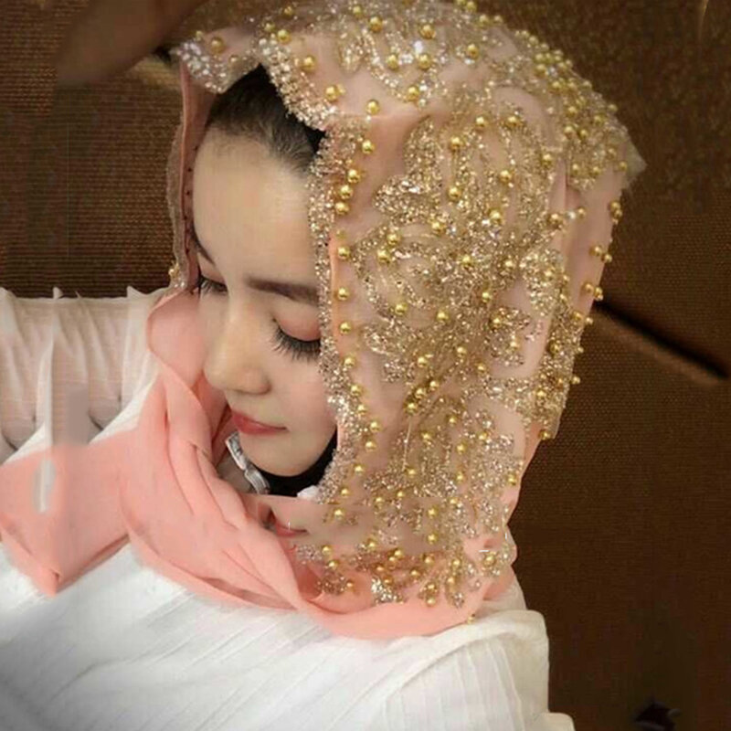 Hijabs Muslim Islamischen Schal Schals für Frau Lange Underscarf Moslima Einfarbig mit Perle Gebet Turbante