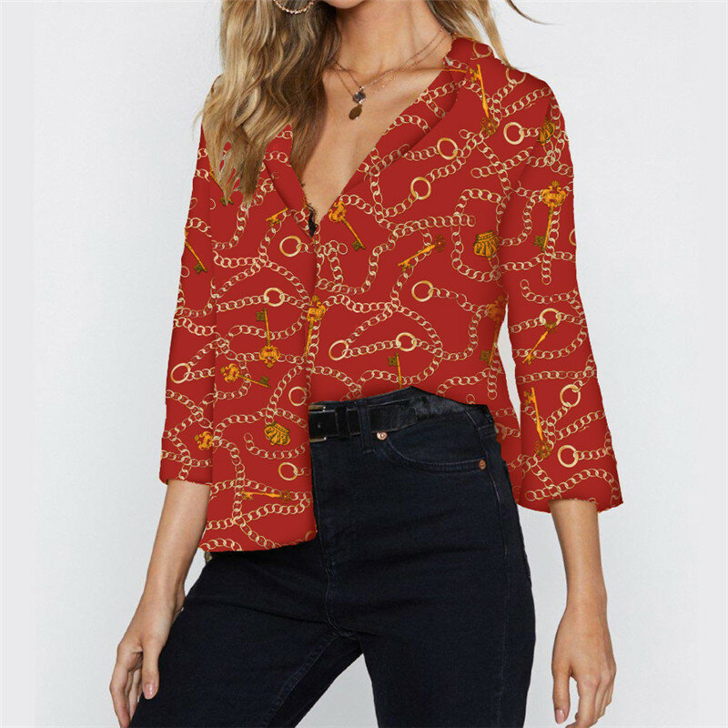 2019 Vintage Print Chiffon Blouses Women Tops Office Lady Work Shirts Plus Size Casual Loose Sexy V-neck Blusas Beige Black Red