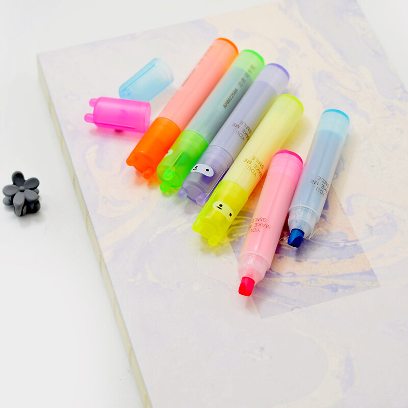 Kawaii Mini Fluorescent Highlighter Pen, Marcador de giz Canetas, Material de papelaria, Material Escolar, Coelho, 6 Pcs/Set