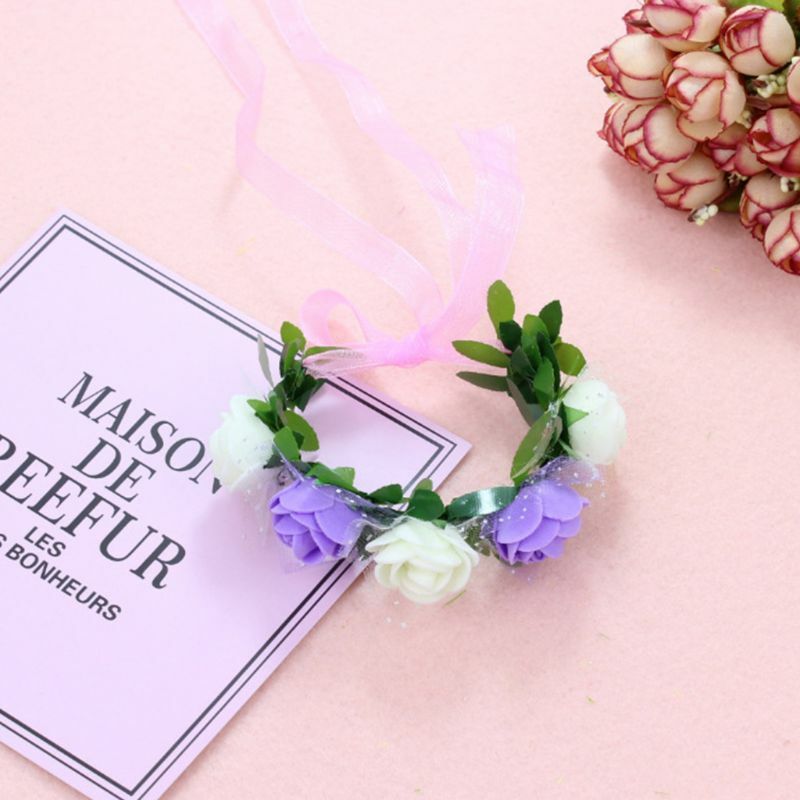 Women Girls Wrist Corsage Wristband Contrast Candy Color 5 Foam Flower Bridal Bridesmaid Wedding Wave Point Mesh Ribbon Bracelet