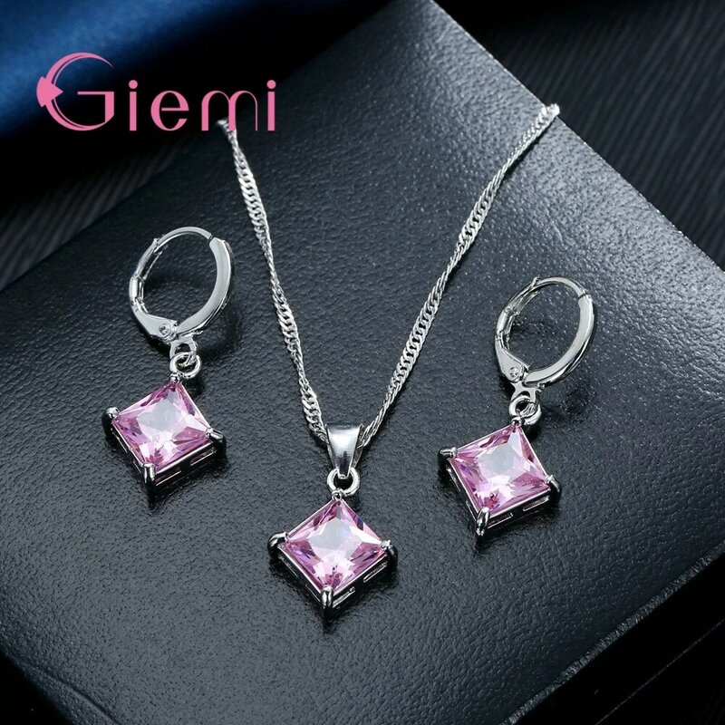 New Style 925 Sterling Silver Crystal Jewelry Sets Square CZ Cubic Zircon Hoop Earrings Necklace for Women Party Jewelry