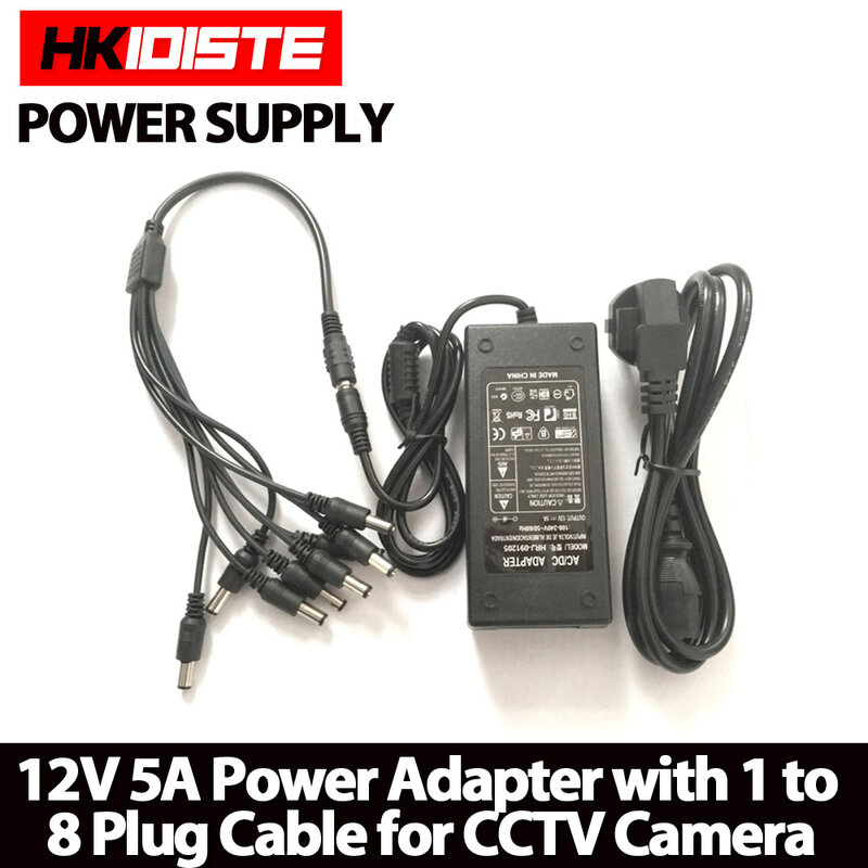 HKIXDISTE 12V 5A 8CH แหล่งจ่ายไฟกล้องวงจรปิดกล่อง8พอร์ต DC + Pigtail COAT DC 12V power Adapter