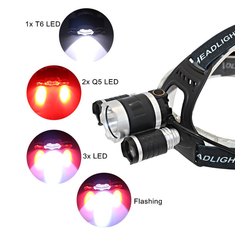 XML T6 +2x XPE LED Headlamp 3 LED Headlight 4 Mode Head Torch Flashlight White/Red/Green/Purple Light  Fishing Hunting Lamp