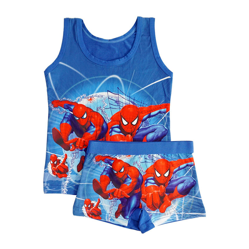 เสื้อผ้าเด็กฤดูร้อนการ์ตูนเสื้อยืดเด็กเสื้อกั๊ก Spiderman Superman T เสื้อกางเกงนักมวยนักมวยกางเกงชุ...
