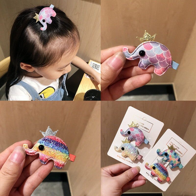2 Pcs/set Cute Baby Girls Sequin Cloth Rainbow Hairpins Hair Barrettes Kids Cartoon Elephant Crown Duckbill Hair Clips Headwear