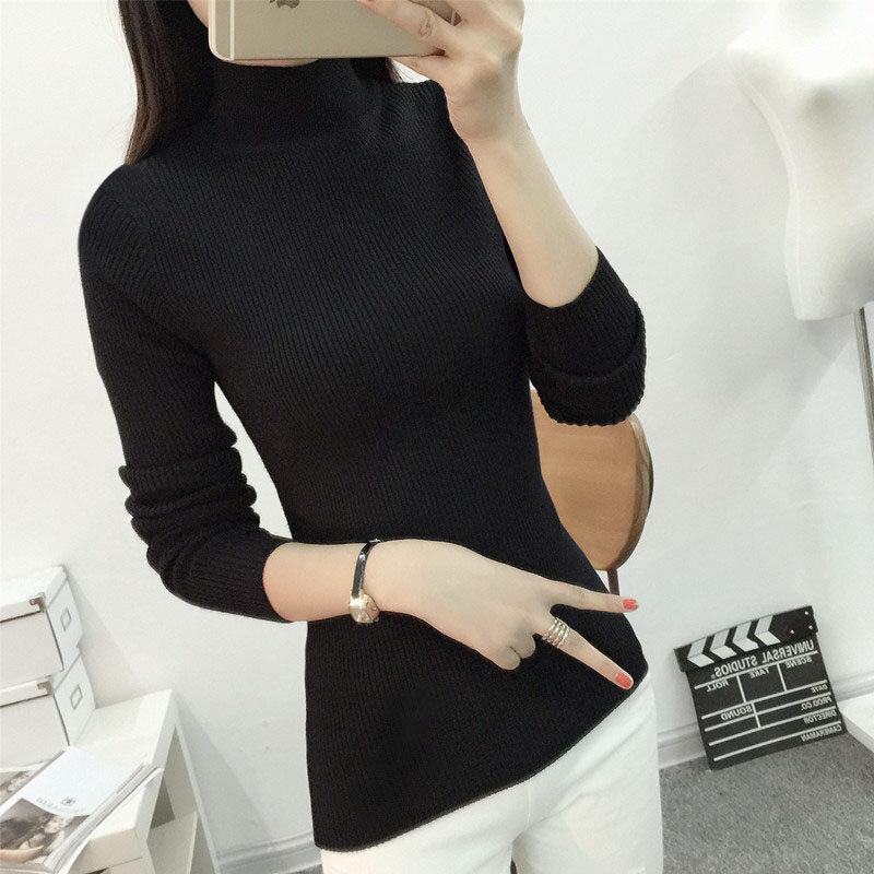 2021 New Korean Short semi Turtleneck Shirt female long sleeved Pullover Sweater slim slim thickening