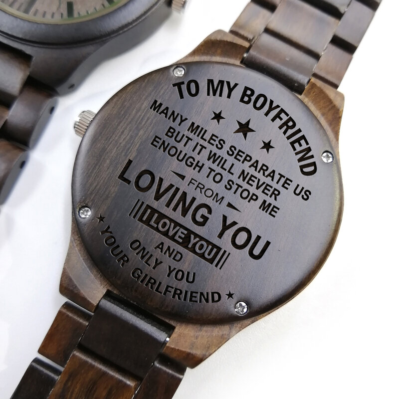 TO MY BOYFRIEND ENGRAVED WOODEN WATCH MANY MILES SEPARATE US BUT IT WILL NEVER ENOUGH TO STOP ME FROM LOVING YOU