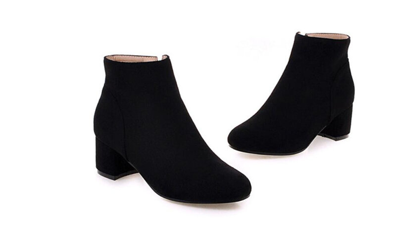 KNCOKAR-Botas cortas gruesas con cremallera lateral para mujer, botines de tacón alto redondo, color sólido, Otoño e Invierno