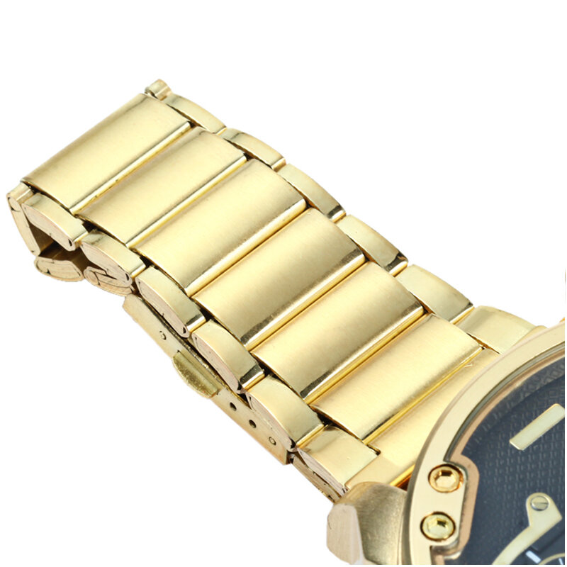 Reloj grande de lujo para hombre, pulsera de acero dorado, de cuarzo, con zona horaria Dual, militar, informal