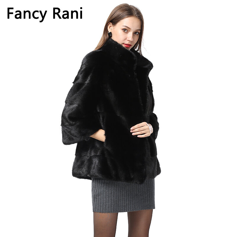 2018 Russian New Natural Real Whole Mink Fur Coat 3/4 Sleeve Women Mink Fur Coats Stand Collar Jackets Outwear Real Fur Clothing