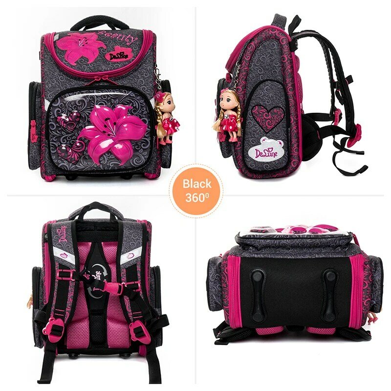 Delune Cartoon School Bags Backpack for Girls Boys Flower Pattern Children Orthopedic Backpack Primary Mochila escolar Infantil