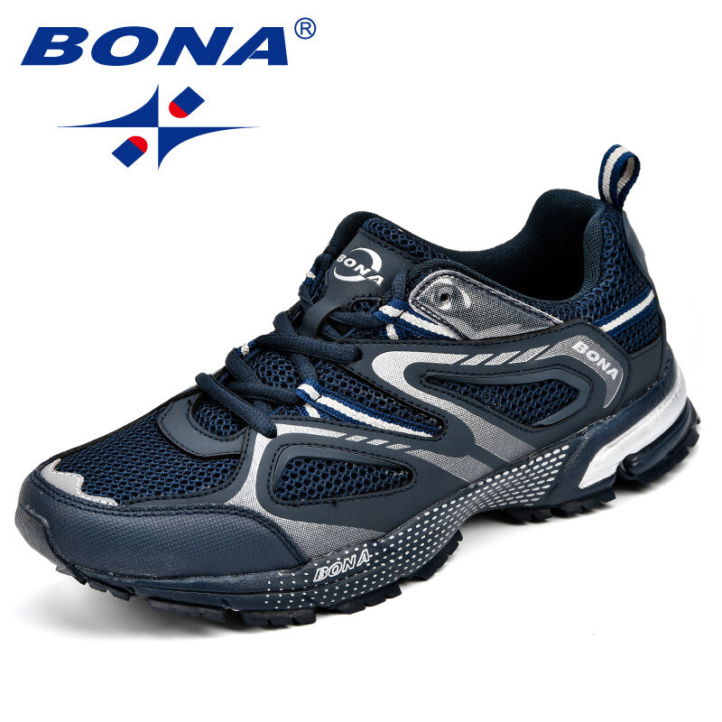 BONA 새로운 도착 클래식 스타일 남성 운동화 암소 분할 메쉬 남성 스포츠 신발 레이스 업 야외 조깅화 무료 배송