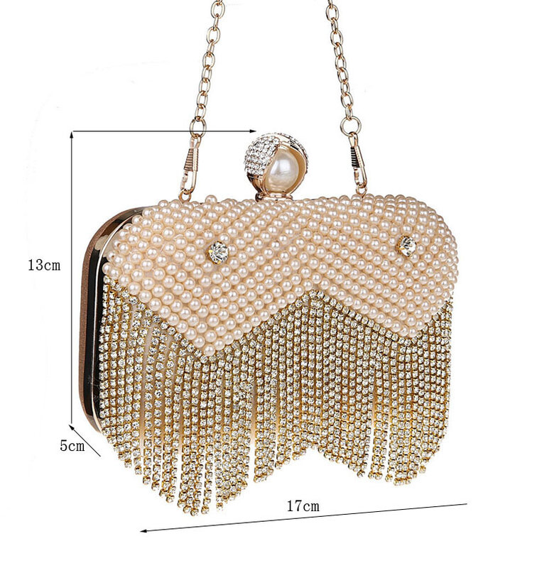 JaneVini Luxury Rhinestones Tassel Handbags Women Bags Designer Pearl Wedding Clutch Bag With Chain Party Bridal Ladies Handbags