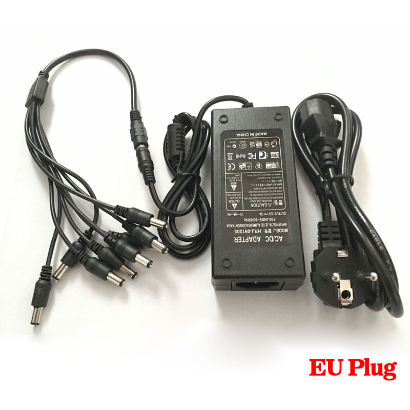 Hkixdaste-fuente de alimentación de 12V, 5A, 8 canales, caja de alimentación de cámara CCTV, adaptador de corriente de 8 puertos DC + Pigtail COAT DC 12V