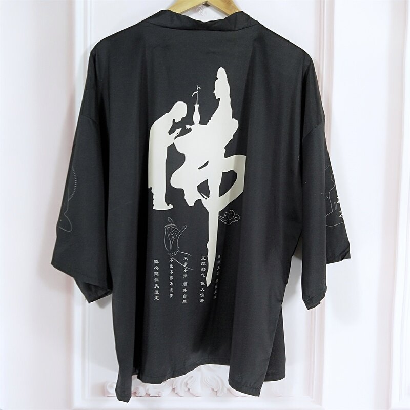 ฤดูร้อนญี่ปุ่น Vintage ผู้หญิง Kimono สีดำ Harajuku Gothic ตัวอักษร Graphic หญิงเสื้อสเวตเตอร์ถักเสื้อคู่เสื้อผ้า