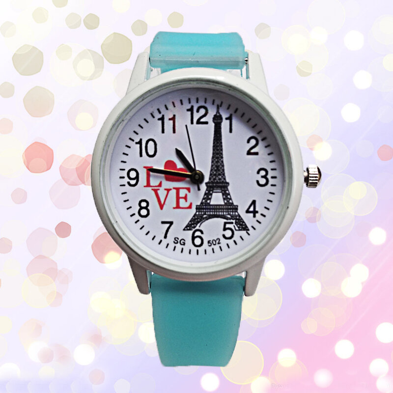 ロマンチックなパリタワー女性腕時計子供ハート形の子供女の子中学生時計クリスタルドレスクォーツ時計
