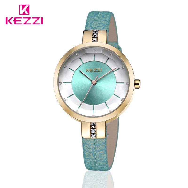 KEZZI-브랜드 여성용 가죽 스트랩 손목 시계, 패션 인레이 라인석 심플한 다이얼 일본 무브먼트 쿼츠 여성 시계 Relogio