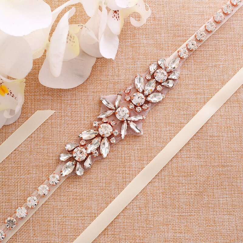 Cinture da sposa lunghe 37 pollici SESTHFAR cintura da sposa con fascia in strass con fiori in oro rosa per l'abbigliamento da sera accessori da sposa