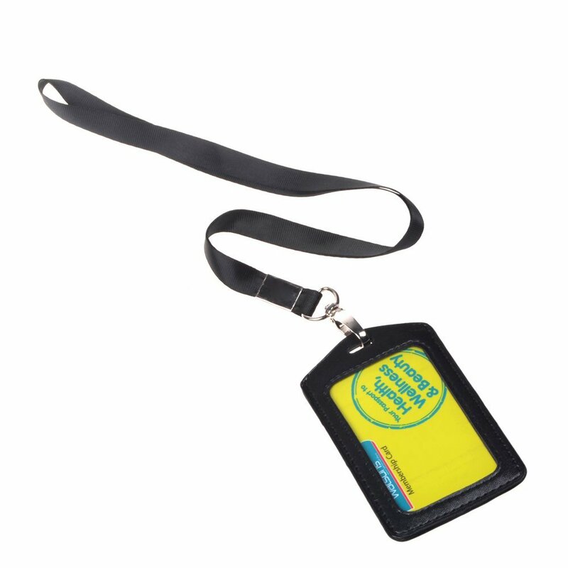10 pz nero stile verticale faux leather affari id della carta di credito  Badge holder clear case pouch con long neck strap fascia  Cordino