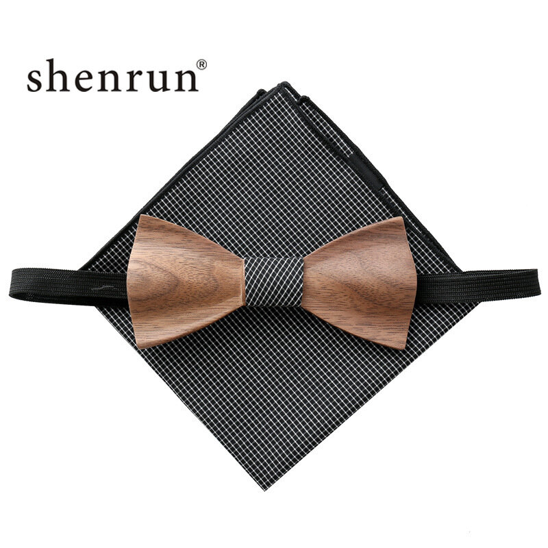 ShenRun-신제품 남성 수제 나무 나비 나비 넥타이 + 커프스 단추 + 손수건 세트, 웨딩 파티 액세서리, 남성 넥타이