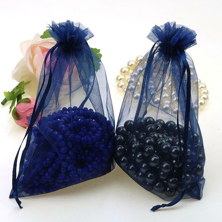 Commercio all'ingrosso 100 pz/lotto 15x20cm Deep Blue Wedding Drawable Organza Voile Confezione Regalo Bags Può Su Misura Stampa di Marchio 02