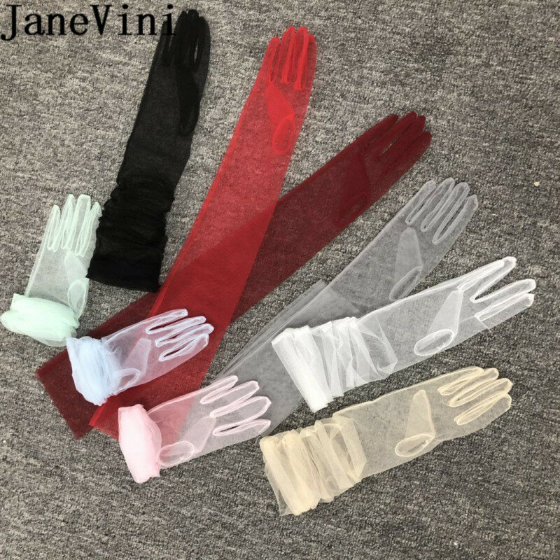 JaneVini Simple Tulle Wedding Gloves for Women Sexy Sheer Long Full Finger Bridal Gloves Bride Elbow Length Brauthandschuhe 2019