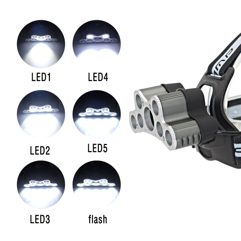 Lanterna de cabeça de led recarregável, 9 led, 7x, t6 + 2x q5, tática, luz de cabeça, camping, pesca, acampamento, luz, + 2x18650 de bateria + carregador