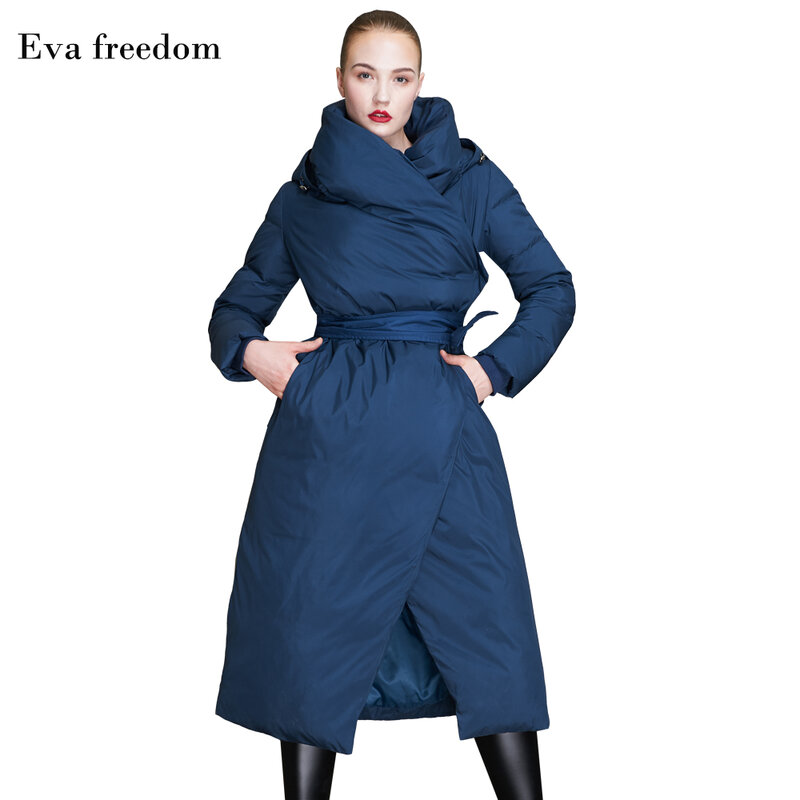 Inverno marca de moda sobre o joelho longo 90% de pato real para baixo casaco feminino com capuz único breasted com cinto quente para baixo casaco wq117
