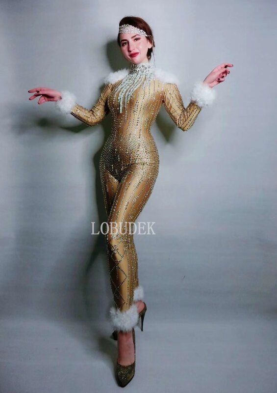 Gold Rhinestones Feathers Sleeve Skinny Jumpsuit Female Crystals Elastic Leotard Stage Wear Club Bar Party Singer Dancer Costume