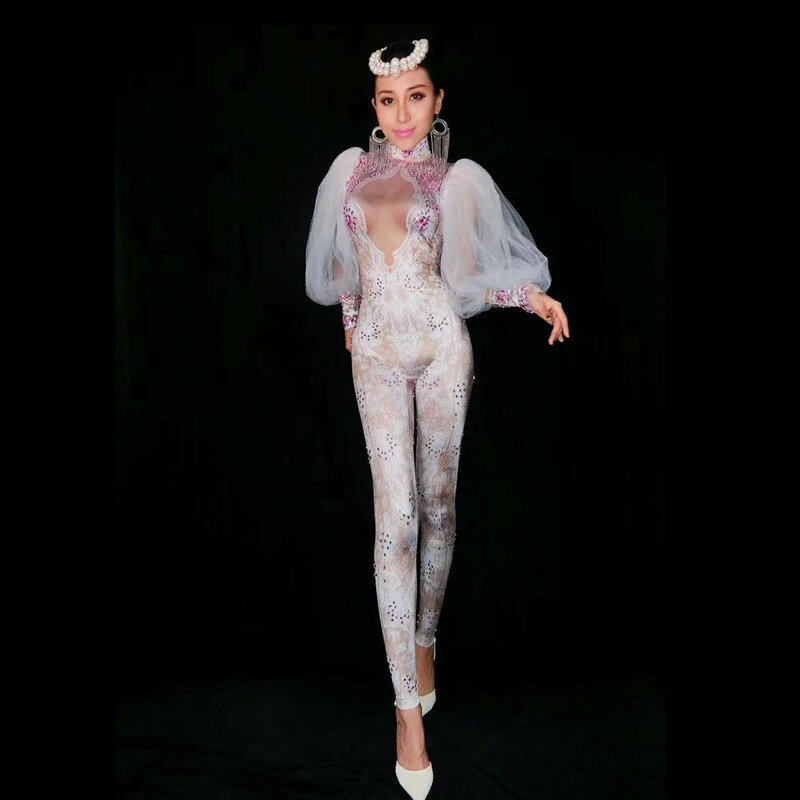 Christia bella sexy rendas strass macacões mangas de malha bodysuit feminino trajes de festa desempenho collant cantor palco wear